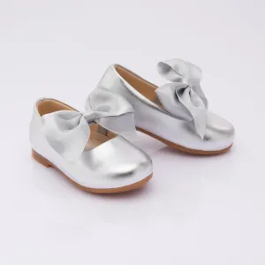 Silver Satin Elastic Bow Flats