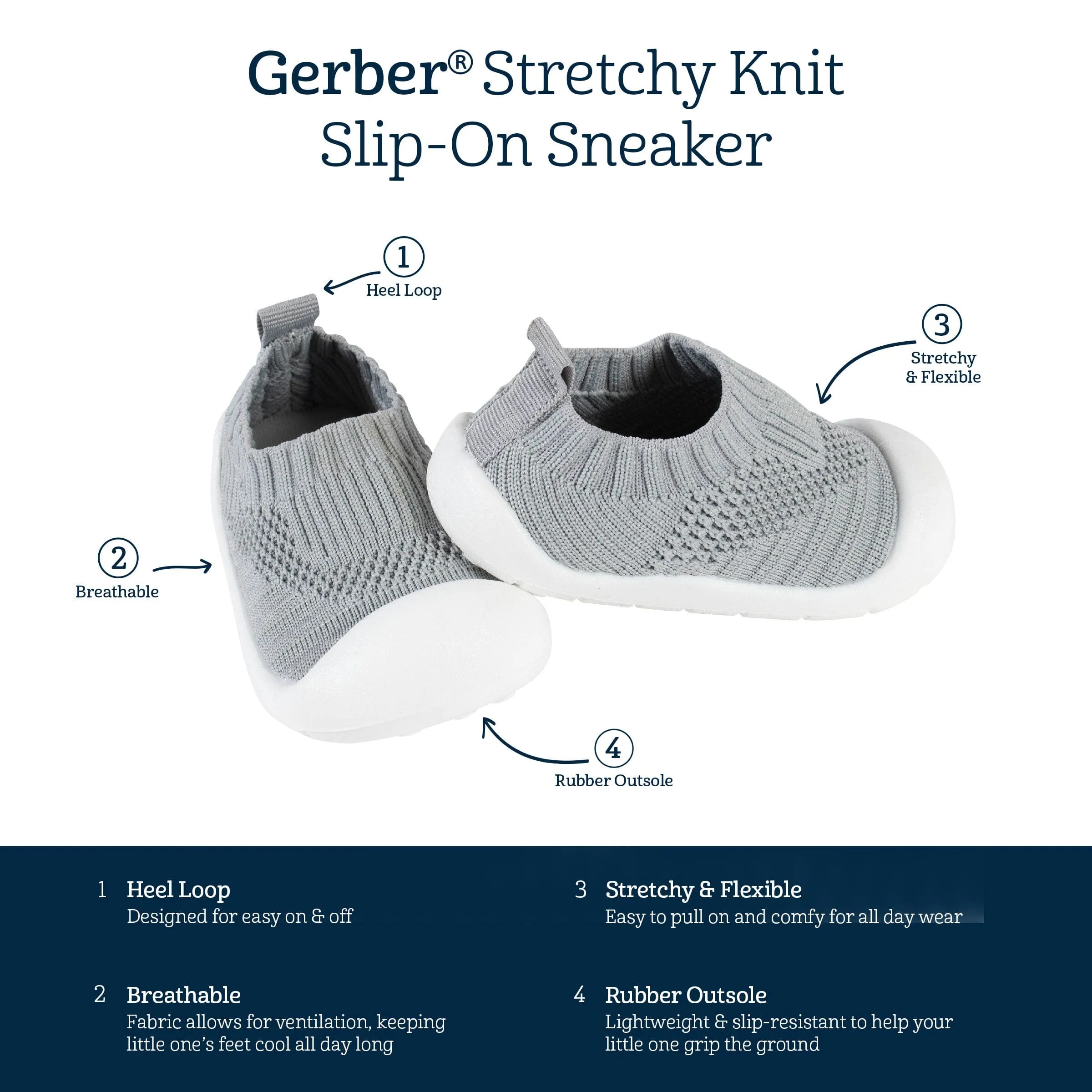 Toddler Neutral Grey Stretchy Knit Slip-On Sneaker, US 12 Gerber Childrenswea