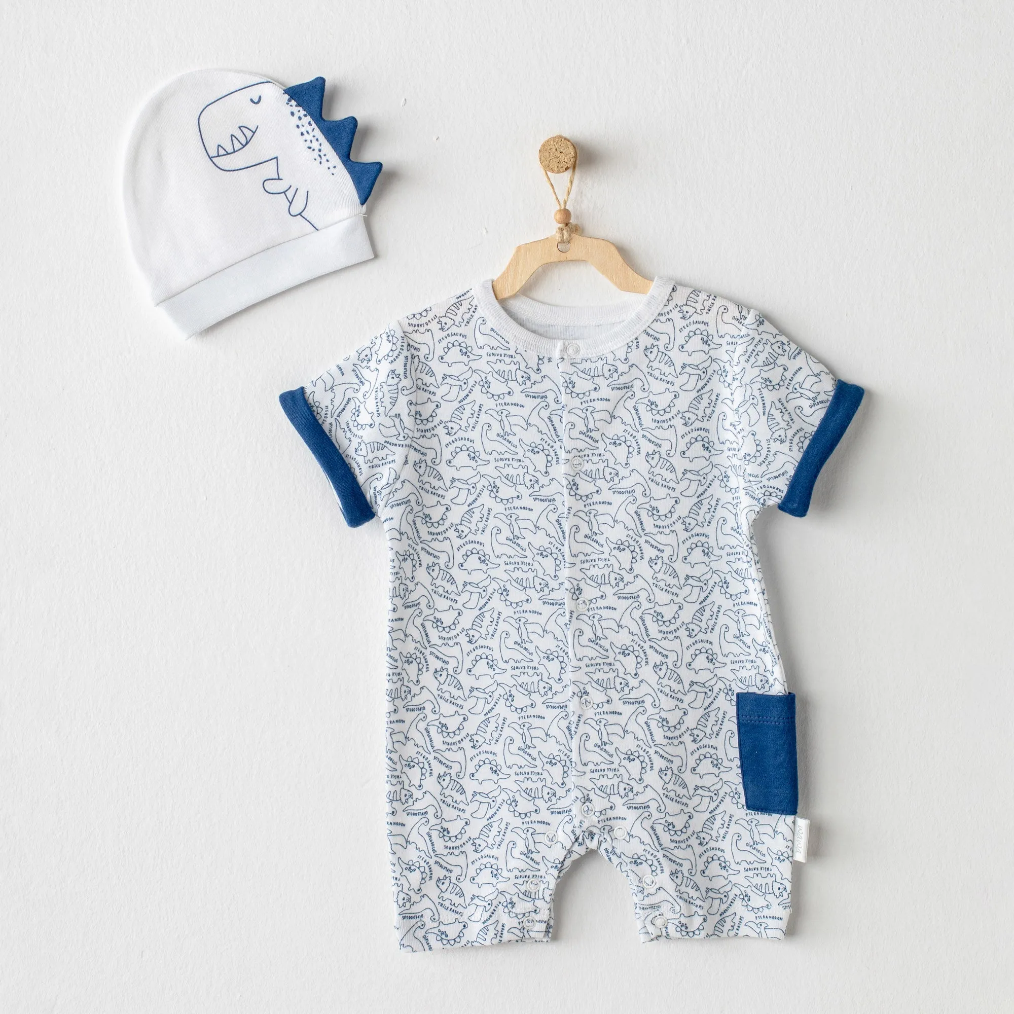 White Jurassic Print Romper & Beanie