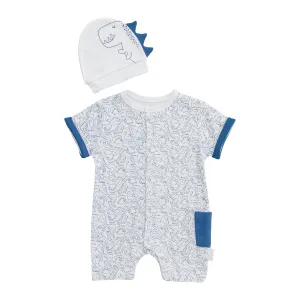 White Jurassic Print Romper & Beanie