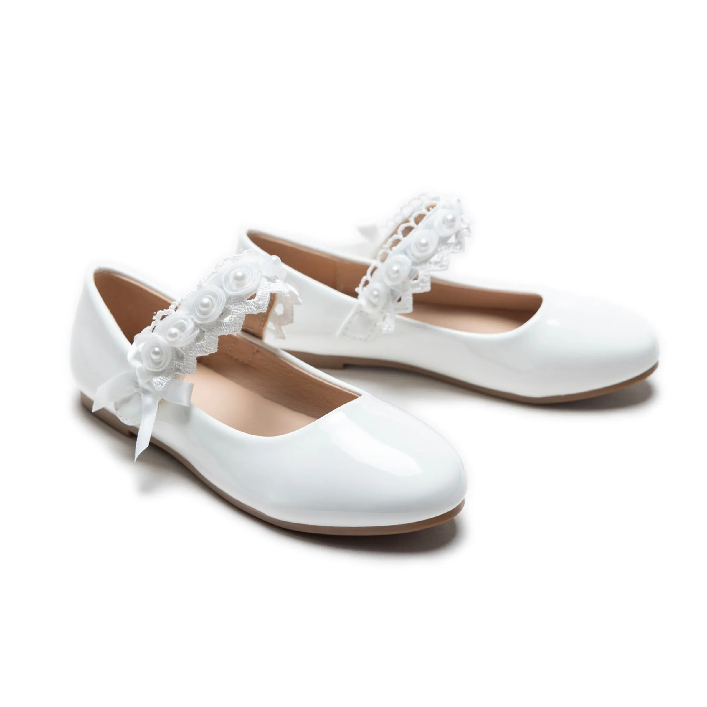 White Patent Rose Pearl Doily Flats